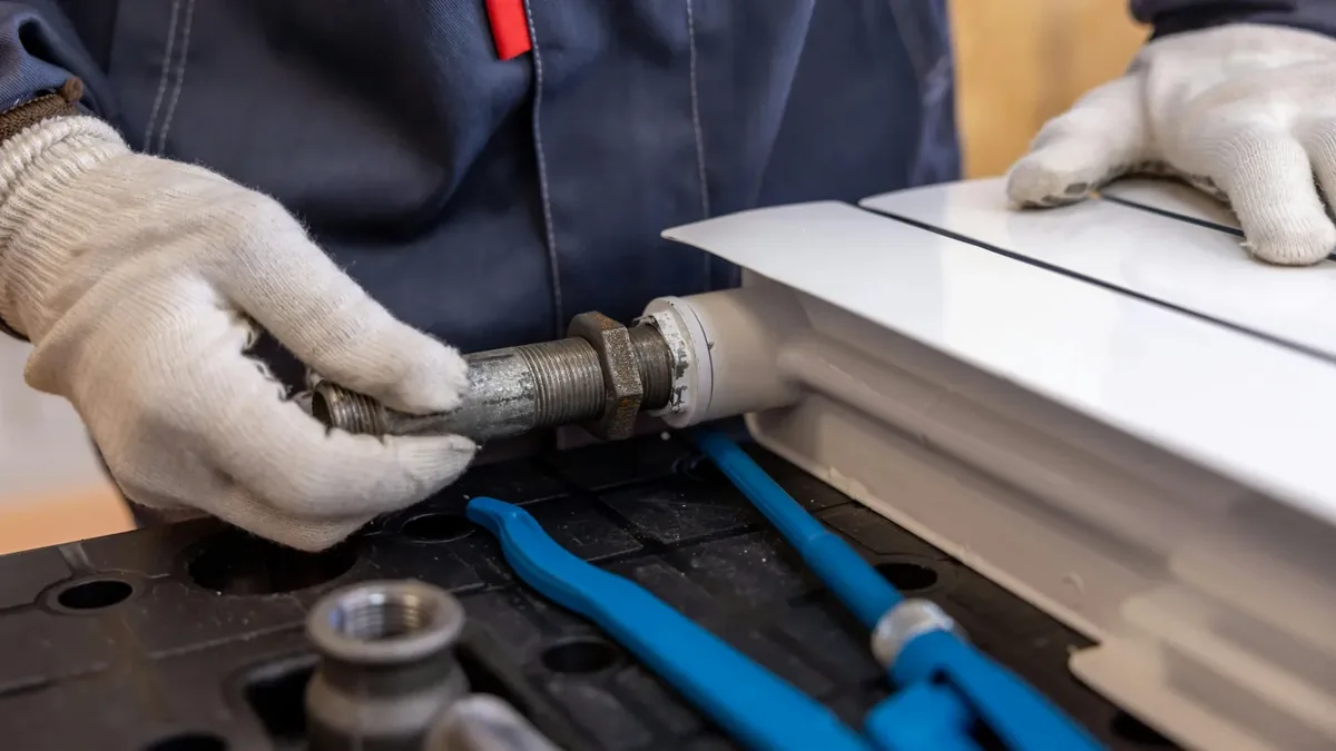Technician installing residential pipework in warm light — Hartwell & Sons Home Services